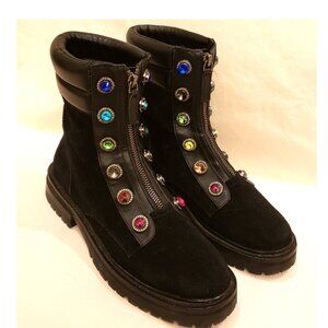 Kurt Geiger London Women's Ankle Rhinestones Boots Sz-10.5 Black Leather/Suede